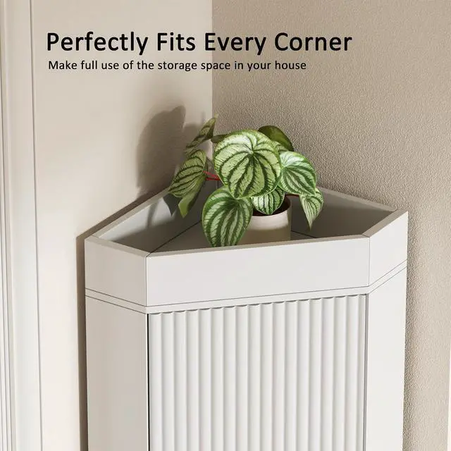 Alt view image 3 of 7 - 70.3" Tall Corner Cabinet with 2 Fluted Doors, White | 4-Tier Corner Storage Cabinet with 2 Adjustable Shelves, Corner Bathroom Cabinet for Living Room, Kitchen, Bathroom