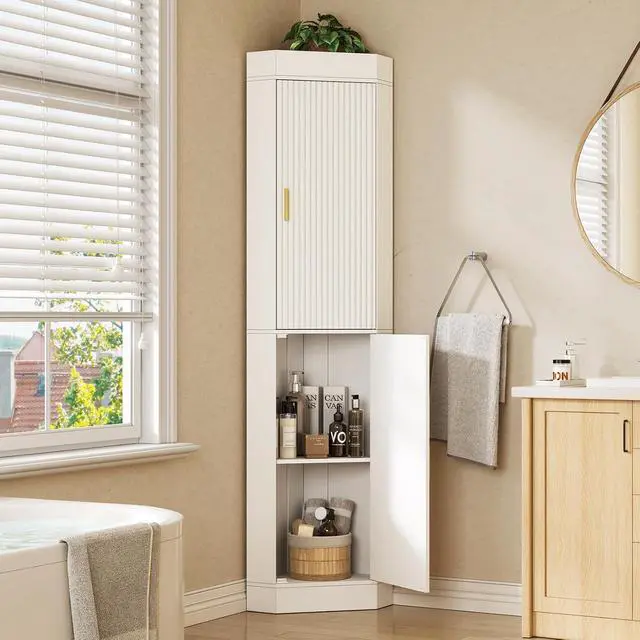 Alt view image 7 of 7 - 70.3" Tall Corner Cabinet with 2 Fluted Doors, White | 4-Tier Corner Storage Cabinet with 2 Adjustable Shelves, Corner Bathroom Cabinet for Living Room, Kitchen, Bathroom