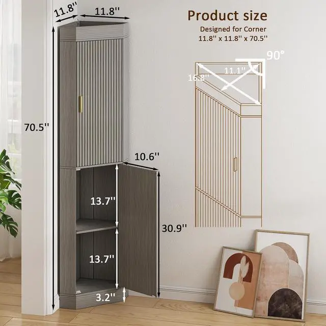 Alt view image 2 of 7 - 70.3" Tall Corner Cabinet with 2 Fluted Doors, Grey | 4-Tier Corner Storage Cabinet with 2 Adjustable Shelves, Corner Bathroom Cabinet for Living Room, Kitchen, Bathroom