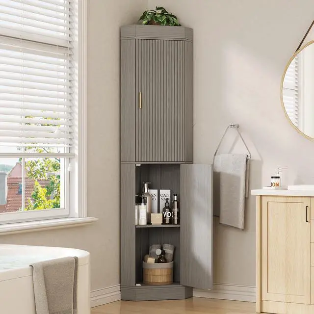 Alt view image 3 of 7 - 70.3" Tall Corner Cabinet with 2 Fluted Doors, Grey | 4-Tier Corner Storage Cabinet with 2 Adjustable Shelves, Corner Bathroom Cabinet for Living Room, Kitchen, Bathroom