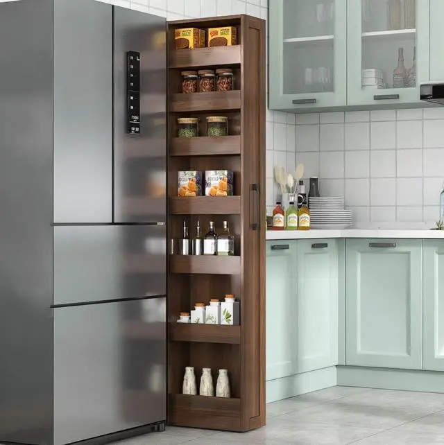 Alt view image 2 of 7 - 7 Tier Slim Storage Cart with Hidden Wheels, Single-sided of Fridge Slim Storage Cart, Pull Out Spice Rack, Narrow Pantry Open Shelf Snack Organizer for Kitchen, Living Room, Small Spaces, Walnut