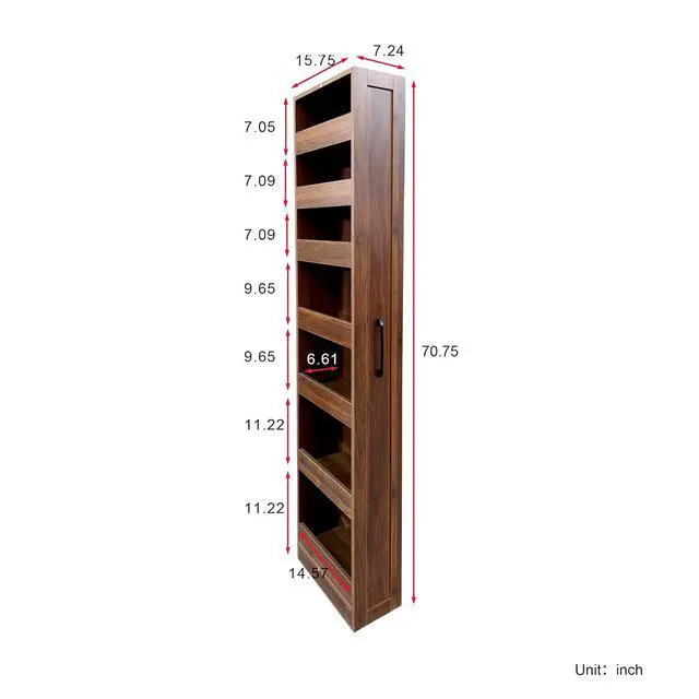 Alt view image 3 of 7 - 7 Tier Slim Storage Cart with Hidden Wheels, Single-sided of Fridge Slim Storage Cart, Pull Out Spice Rack, Narrow Pantry Open Shelf Snack Organizer for Kitchen, Living Room, Small Spaces, Walnut