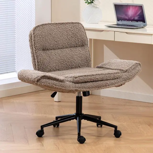 Alt view image 7 of 7 - Criss Cross Legged Office Chair with Adjustable Armrests, Teddy Upholstered Vanity Chair with Wheels, Swivel Desk Armchair Rolling Stool with Wide Seat for Home Office, Bedroom and Living Room, Brown