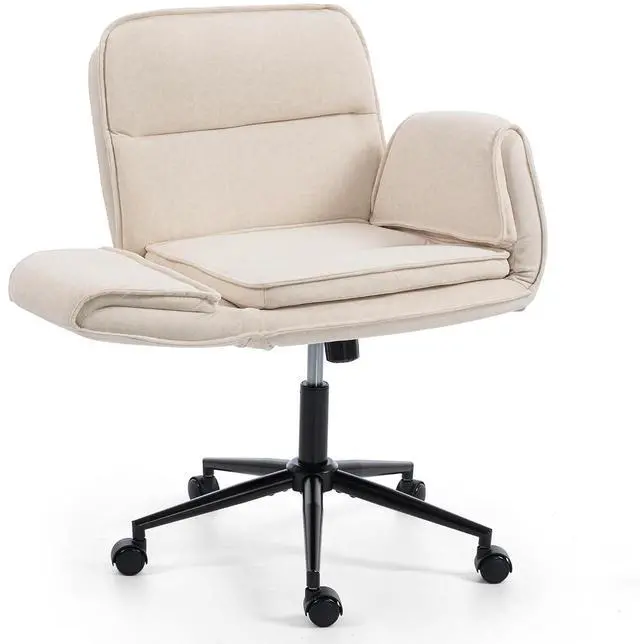 Alt view image 7 of 7 - Criss Cross Legged Office Chair with Adjustable Armrests, PU Upholstered Vanity Chair with Wheels, Swivel Desk Armchair Rolling Stool with Wide Seat for Home Office, Bedroom and Living Room, Beige