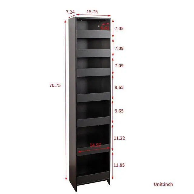 Alt view image 4 of 7 - 7 Tier Slim Storage Cart with Hidden Wheels, Single-sided of Fridge Slim Storage Cart, Pull Out Spice Rack, Narrow Pantry Open Shelf Snack Organizer for Kitchen, Living Room, Small Spaces, Black