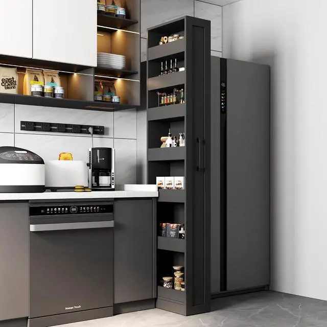 Main image of 7 Tier Slim Storage Cart with Hidden Wheels, Single-sided of Fridge Slim Storage Cart, Pull Out Spice Rack, Narrow Pantry Open Shelf Snack Organizer for Kitchen, Living Room, Small Spaces, Black