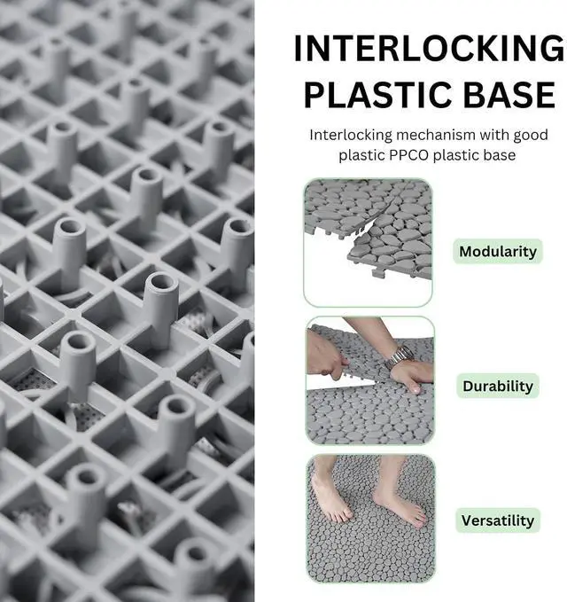 Alt view image 4 of 7 - Plastic Interlocking Cobbled Stone Tile (12PCS) 12" x 12", Plastic Waterproof Outdoor All Weather,Interlocking Drainage Tiles for Patio, Pool Deck, Balcony, Bathroom, Garden (Gray)