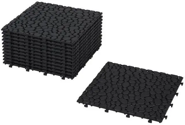 Main image of Plastic Interlocking Cobbled Stone Tile (12PCS) 12" x 12", Plastic Waterproof Outdoor All Weather,Interlocking Drainage Tiles for Patio, Pool Deck, Balcony, Bathroom, Garden (Black)