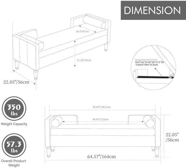 Alt view image 2 of 7 - 64.6"Storage Bench with End Lift Cover, Chenille Upholstered End of Bed Bench, Ottoman with Armrests&Backrest, Footrest with 2 Rolled Pillows,Wood Legs for Living Room, Entryway, Bedroom, Blue