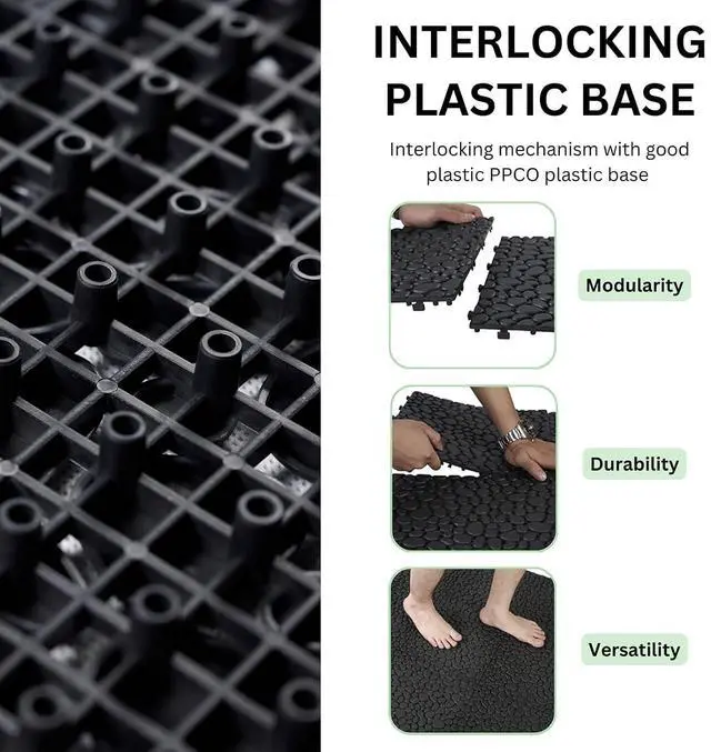 Alt view image 4 of 7 - Plastic Interlocking Cobbled Stone Tile (12PCS) 12" x 12", Plastic Waterproof Outdoor All Weather,Interlocking Drainage Tiles for Patio, Pool Deck, Balcony, Bathroom, Garden (Black)