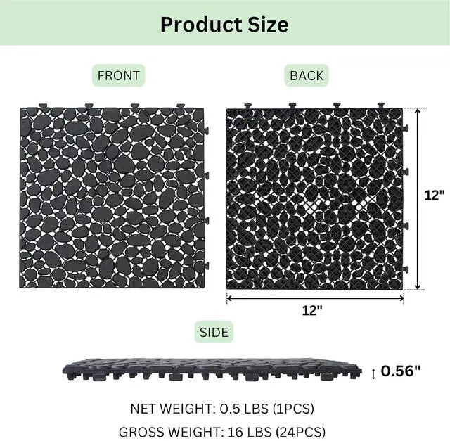 Alt view image 2 of 7 - Plastic Interlocking Cobbled Stone Tile (12PCS) 12" x 12", Plastic Waterproof Outdoor All Weather,Interlocking Drainage Tiles for Patio, Pool Deck, Balcony, Bathroom, Garden (Black)