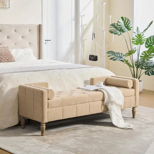 Alt view image 4 of 7 - 64.6"Storage Bench with End Lift Cover, Chenille Upholstered End of Bed Bench, Ottoman with Armrests&Backrest, Footrest with 2 Rolled Pillows,Wood Legs for Living Room, Entryway, Bedroom, Wheat