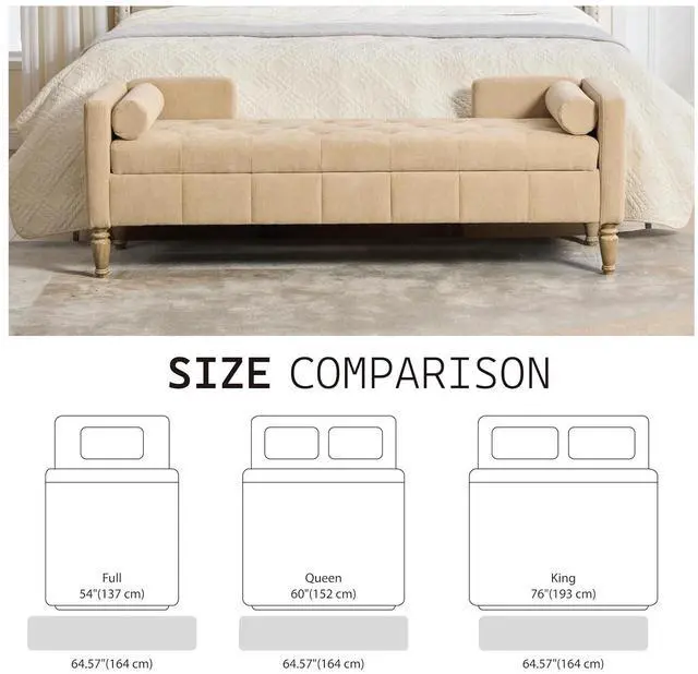 Alt view image 3 of 7 - 64.6"Storage Bench with End Lift Cover, Chenille Upholstered End of Bed Bench, Ottoman with Armrests&Backrest, Footrest with 2 Rolled Pillows,Wood Legs for Living Room, Entryway, Bedroom, Wheat