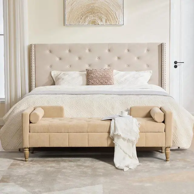 Alt view image 5 of 7 - 64.6"Storage Bench with End Lift Cover, Chenille Upholstered End of Bed Bench, Ottoman with Armrests&Backrest, Footrest with 2 Rolled Pillows,Wood Legs for Living Room, Entryway, Bedroom, Wheat