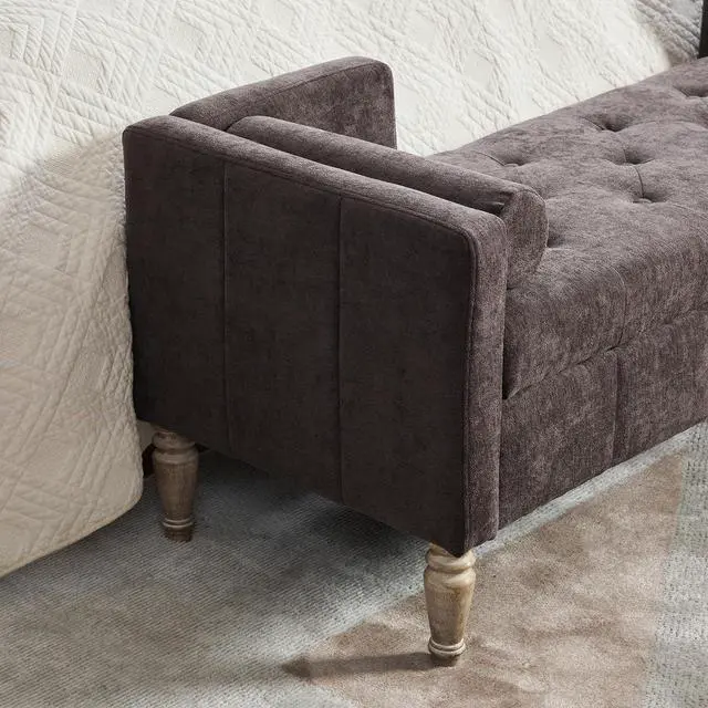 Alt view image 6 of 7 - 64.6"Storage Bench with End Lift Cover, Chenille Upholstered End of Bed Bench, Ottoman with Armrests&Backrest, Footrest with 2 Rolled Pillows,Wood Legs for Living Room, Entryway, Bedroom, Coffee