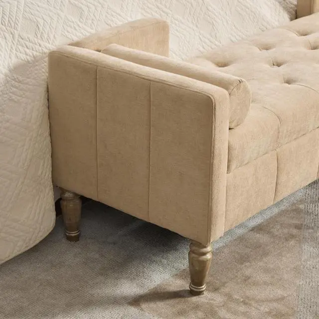 Alt view image 6 of 7 - 64.6"Storage Bench with End Lift Cover, Chenille Upholstered End of Bed Bench, Ottoman with Armrests&Backrest, Footrest with 2 Rolled Pillows,Wood Legs for Living Room, Entryway, Bedroom, Wheat