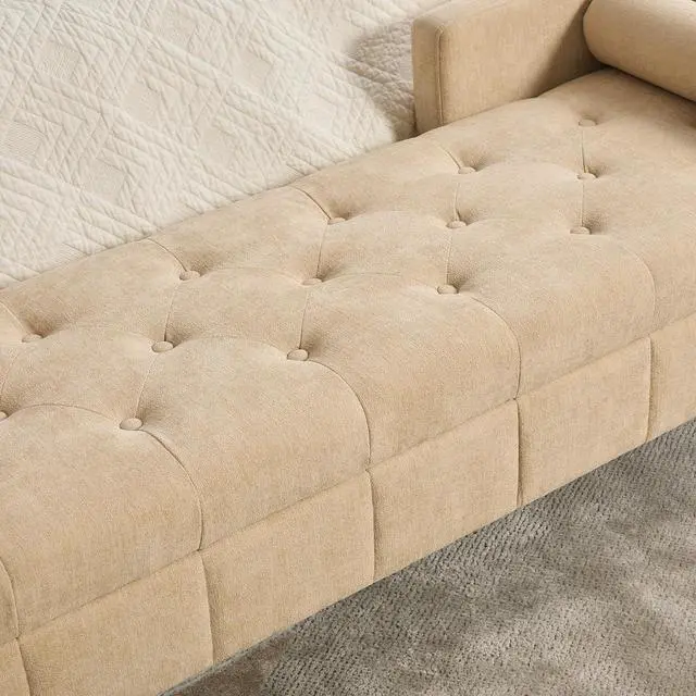 Alt view image 7 of 7 - 64.6"Storage Bench with End Lift Cover, Chenille Upholstered End of Bed Bench, Ottoman with Armrests&Backrest, Footrest with 2 Rolled Pillows,Wood Legs for Living Room, Entryway, Bedroom, Wheat