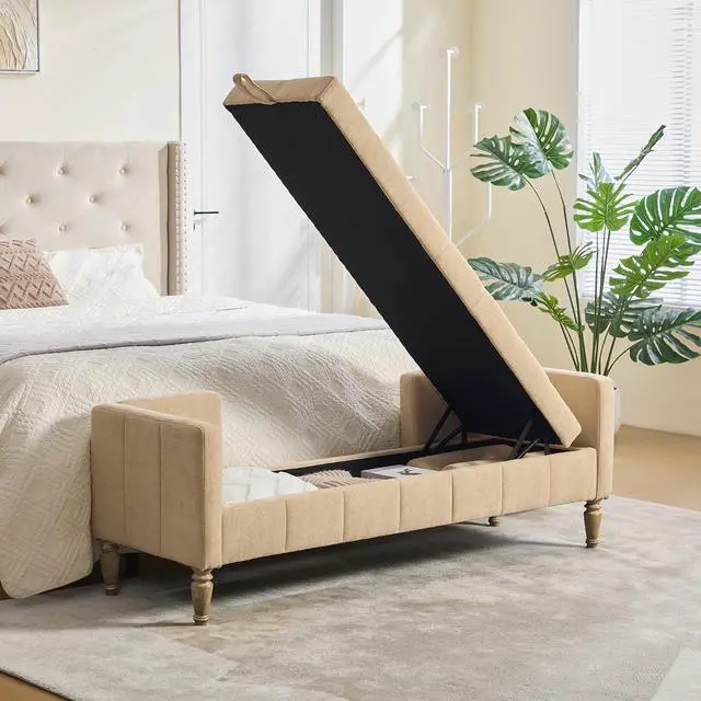 Main image of 64.6"Storage Bench with End Lift Cover, Chenille Upholstered End of Bed Bench, Ottoman with Armrests&Backrest, Footrest with 2 Rolled Pillows,Wood Legs for Living Room, Entryway, Bedroom, Wheat