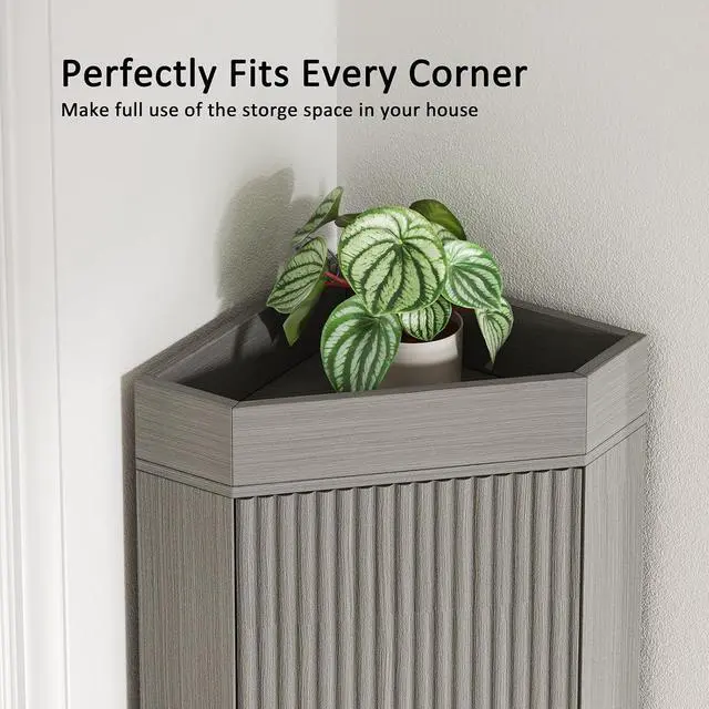 Alt view image 4 of 7 - 70.3" Tall Corner Cabinet with 2 Fluted Doors, Grey | 4-Tier Corner Storage Cabinet with 2 Adjustable Shelves, Corner Bathroom Cabinet for Living Room, Kitchen, Bathroom