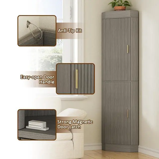 Alt view image 7 of 7 - 70.3" Tall Corner Cabinet with 2 Fluted Doors, Grey | 4-Tier Corner Storage Cabinet with 2 Adjustable Shelves, Corner Bathroom Cabinet for Living Room, Kitchen, Bathroom
