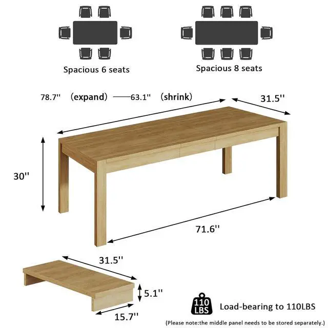 Alt view image 2 of 7 - 63"-78.7"Extendable Dining Table for 4 to 8, Wooden Kitchen Table, Natural | Rectangle Expandable Kitchen Table, Space Saving Farmhouse Kitchen Table for Dining Room Kitchen Office