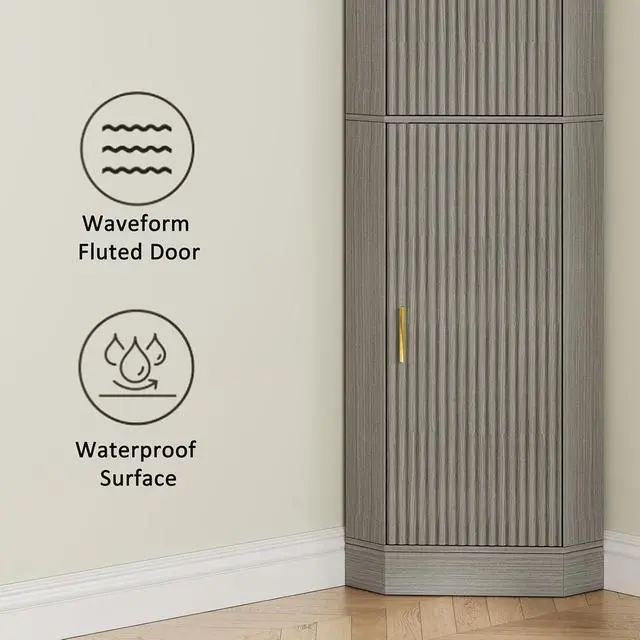 Alt view image 5 of 7 - 70.3" Tall Corner Cabinet with 2 Fluted Doors, Grey | 4-Tier Corner Storage Cabinet with 2 Adjustable Shelves, Corner Bathroom Cabinet for Living Room, Kitchen, Bathroom