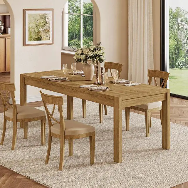 Alt view image 3 of 7 - 63"-78.7"Extendable Dining Table for 4 to 8, Wooden Kitchen Table, Natural | Rectangle Expandable Kitchen Table, Space Saving Farmhouse Kitchen Table for Dining Room Kitchen Office