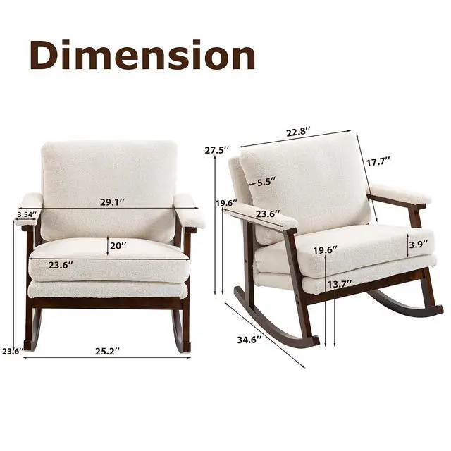 Alt view image 2 of 7 - Mid Century Accent Rocking Chair with Removable Cushion, Retractable Living Room Glider Chair with Wood Frame, Washable Cushion Cover, Teddy Upholstered Reading Armchair for Bedroom Sunroom, White