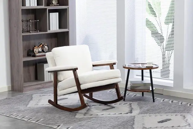 Main image of Mid Century Accent Rocking Chair with Removable Cushion, Retractable Living Room Glider Chair with Wood Frame, Washable Cushion Cover, Teddy Upholstered Reading Armchair for Bedroom Sunroom, White