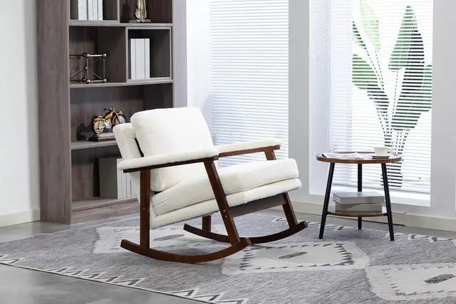 Alt view image 3 of 7 - Mid Century Accent Rocking Chair with Removable Cushion, Retractable Living Room Glider Chair with Wood Frame, Washable Cushion Cover, Teddy Upholstered Reading Armchair for Bedroom Sunroom, White