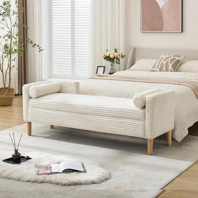 Alt view image 3 of 7 - 64.7"Storage Bench with End Lift Cover, Corduroy Upholstered End of Bed Bench, Ottoman with Armrests&Backrest, Foot Stool with 2 Rolled Pillows,Wood Legs for Living Room, Entryway, Bedroom, Ivory