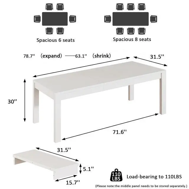 Alt view image 2 of 7 - 63"-78.7"Extendable Dining Table for 4 to 8, Wooden Kitchen Table, White | Rectangle Expandable Kitchen Table, Space Saving Farmhouse Kitchen Table for Dining Room Kitchen Office