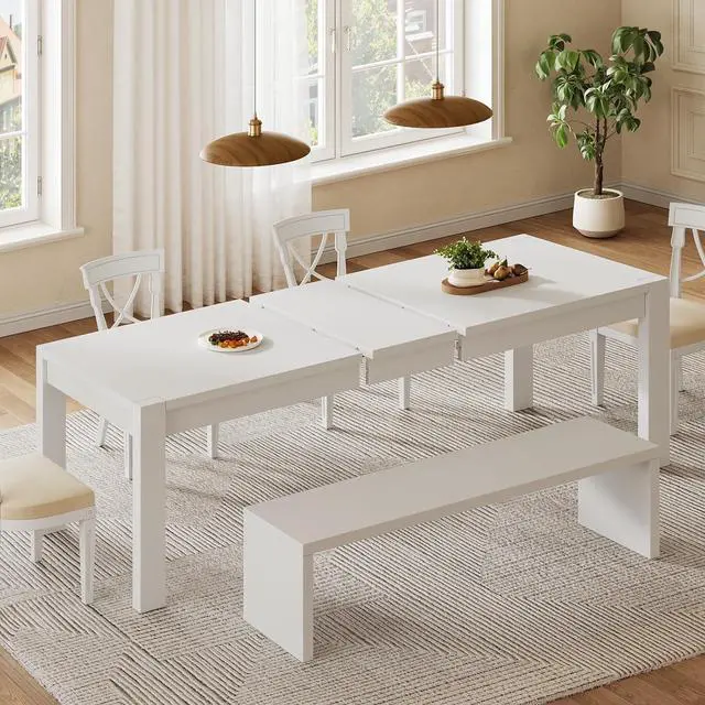 Main image of 63"-78.7"Extendable Dining Table for 4 to 8, Wooden Kitchen Table, White | Rectangle Expandable Kitchen Table, Space Saving Farmhouse Kitchen Table for Dining Room Kitchen Office