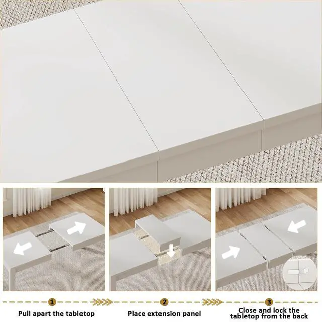 Alt view image 5 of 7 - 63"-78.7"Extendable Dining Table for 4 to 8, Wooden Kitchen Table, White | Rectangle Expandable Kitchen Table, Space Saving Farmhouse Kitchen Table for Dining Room Kitchen Office