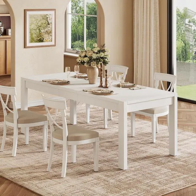 Alt view image 3 of 7 - 63"-78.7"Extendable Dining Table for 4 to 8, Wooden Kitchen Table, White | Rectangle Expandable Kitchen Table, Space Saving Farmhouse Kitchen Table for Dining Room Kitchen Office