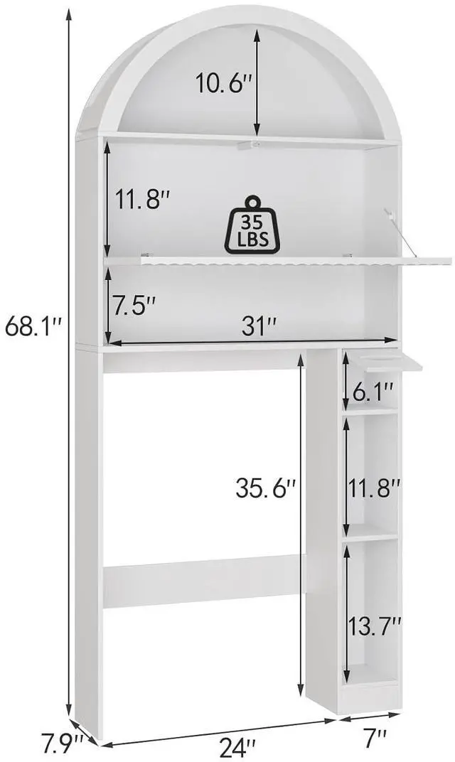 Alt view image 2 of 7 - 31" W Arched Over The Toilet Storage Cabinet, Fluted Doors, White | Over Toilet Bathroom Organizer with Doors, Bathroom Storage Cabinet with Toilet Paper Holder and Anti-Tipping Device
