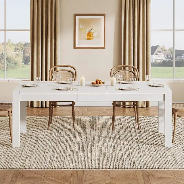Alt view image 7 of 7 - 63"-78.7"Extendable Dining Table for 4 to 8, Wooden Kitchen Table, White | Rectangle Expandable Kitchen Table, Space Saving Farmhouse Kitchen Table for Dining Room Kitchen Office