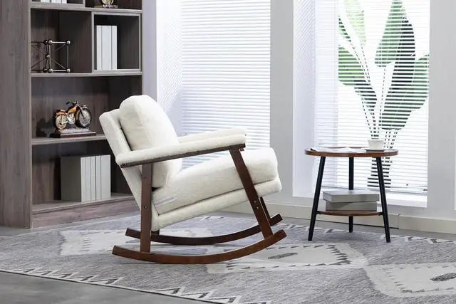 Alt view image 4 of 7 - Mid Century Accent Rocking Chair with Removable Cushion, Retractable Living Room Glider Chair with Wood Frame, Washable Cushion Cover, Teddy Upholstered Reading Armchair for Bedroom Sunroom, White