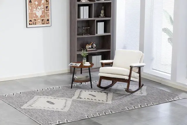 Alt view image 5 of 7 - Mid Century Accent Rocking Chair with Removable Cushion, Retractable Living Room Glider Chair with Wood Frame, Washable Cushion Cover, Teddy Upholstered Reading Armchair for Bedroom Sunroom, White