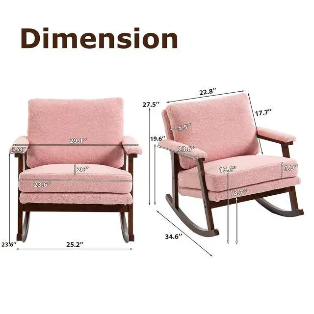 Alt view image 2 of 7 - Mid Century Accent Rocking Chair with Removable Cushion, Retractable Living Room Glider Chair with Wood Frame, Washable Cushion Cover, Teddy Upholstered Reading Armchair for Bedroom Sunroom, Pink