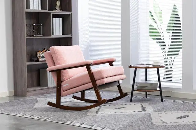 Alt view image 3 of 7 - Mid Century Accent Rocking Chair with Removable Cushion, Retractable Living Room Glider Chair with Wood Frame, Washable Cushion Cover, Teddy Upholstered Reading Armchair for Bedroom Sunroom, Pink