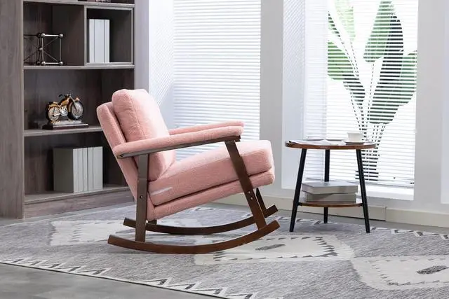 Alt view image 4 of 7 - Mid Century Accent Rocking Chair with Removable Cushion, Retractable Living Room Glider Chair with Wood Frame, Washable Cushion Cover, Teddy Upholstered Reading Armchair for Bedroom Sunroom, Pink
