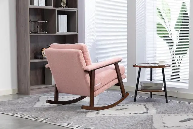 Alt view image 5 of 7 - Mid Century Accent Rocking Chair with Removable Cushion, Retractable Living Room Glider Chair with Wood Frame, Washable Cushion Cover, Teddy Upholstered Reading Armchair for Bedroom Sunroom, Pink