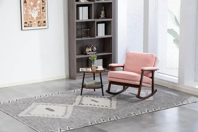 Alt view image 6 of 7 - Mid Century Accent Rocking Chair with Removable Cushion, Retractable Living Room Glider Chair with Wood Frame, Washable Cushion Cover, Teddy Upholstered Reading Armchair for Bedroom Sunroom, Pink