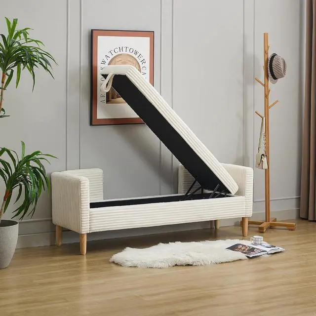 Alt view image 5 of 7 - 64.7"Storage Bench with End Lift Cover, Corduroy Upholstered End of Bed Bench, Ottoman with Armrests&Backrest, Foot Stool with 2 Rolled Pillows,Wood Legs for Living Room, Entryway, Bedroom, Ivory