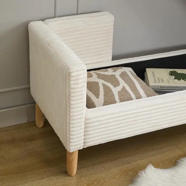 Alt view image 6 of 7 - 64.7"Storage Bench with End Lift Cover, Corduroy Upholstered End of Bed Bench, Ottoman with Armrests&Backrest, Foot Stool with 2 Rolled Pillows,Wood Legs for Living Room, Entryway, Bedroom, Ivory