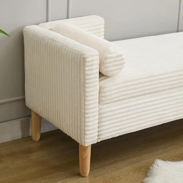 Alt view image 7 of 7 - 64.7"Storage Bench with End Lift Cover, Corduroy Upholstered End of Bed Bench, Ottoman with Armrests&Backrest, Foot Stool with 2 Rolled Pillows,Wood Legs for Living Room, Entryway, Bedroom, Ivory