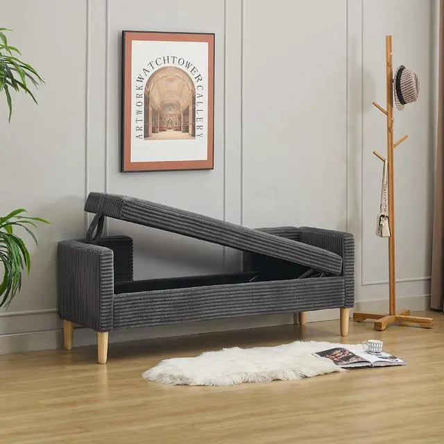 Main image of 65.35"Storage Bench with End Lift Cover, Corduroy Upholstered End of Bed Bench, Ottoman with Armrests&Backrest, Foot Stool with 2 Rolled Pillows,Wood Legs for Living Room, Entryway, Bedroom, Charcoal