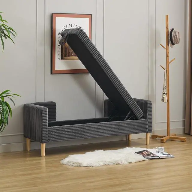 Alt view image 4 of 7 - 65.35"Storage Bench with End Lift Cover, Corduroy Upholstered End of Bed Bench, Ottoman with Armrests&Backrest, Foot Stool with 2 Rolled Pillows,Wood Legs for Living Room, Entryway, Bedroom, Charcoal