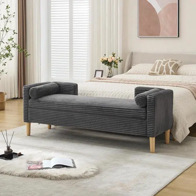 Alt view image 3 of 7 - 65.35"Storage Bench with End Lift Cover, Corduroy Upholstered End of Bed Bench, Ottoman with Armrests&Backrest, Foot Stool with 2 Rolled Pillows,Wood Legs for Living Room, Entryway, Bedroom, Charcoal